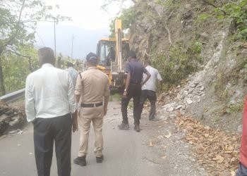 सड़क पर गिरे पेड़ को पुलिस ने स्थानीय लोगों की मदद से हटाकर यातायात किया सुचारू