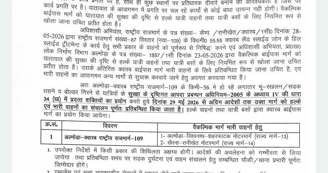 क्वारब मार्ग भू-स्खलन के खतरे के चलते बंद, वैकल्पिक मार्गों से होगी आवाजाही
