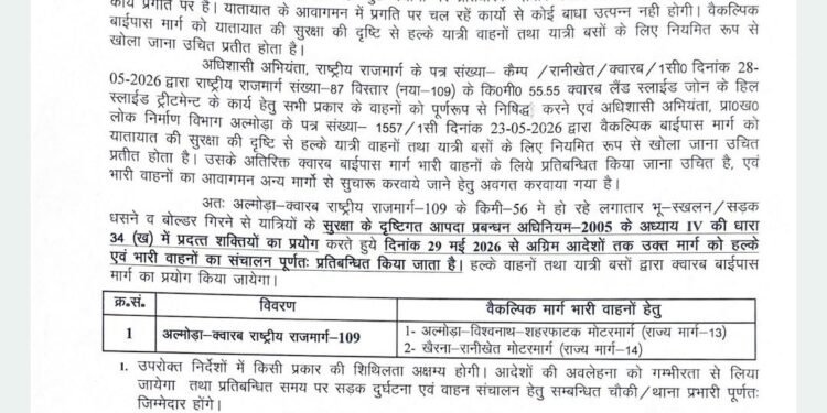 क्वारब मार्ग भू-स्खलन के खतरे के चलते बंद, वैकल्पिक मार्गों से होगी आवाजाही