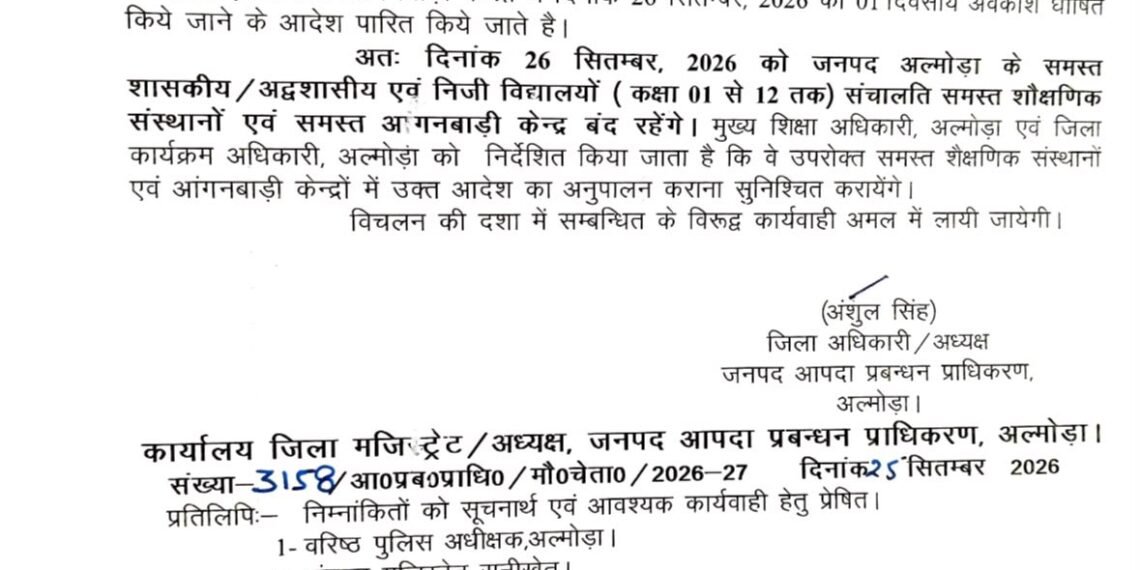 भारी बारिश की चेतावनी के चलते अल्मोड़ा में 26 सितंबर को स्कूल और आंगनबाड़ी केंद्र बंद